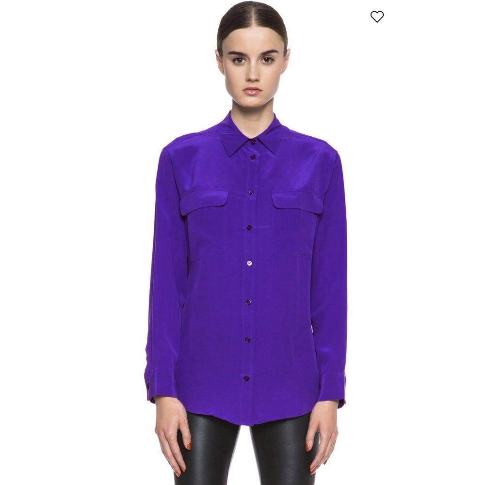 Equipment Femme Women 100% Silk Collared Button Long Sleeve Blouse Purple Sz XS